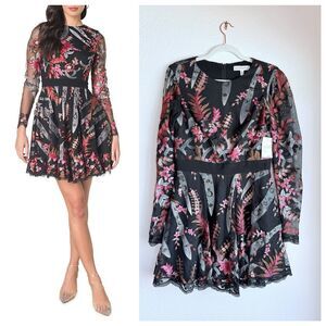 NWT Dress the Population Alora Floral Long Sleeve A-Line Mini Dress Black & Pink
